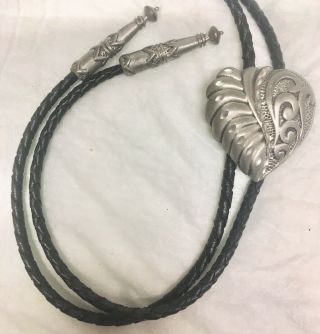 Vintage Pewter Heart Bolo Tie Signed Ege ‘89 On A Black Leather Braided Cord