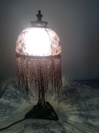 Vintage French Glass Art Deco Style Table Lamp With Beaded Droplets (3696)