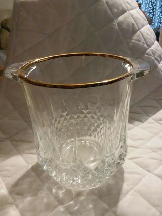 Vintage Heavy Cut Crystal Ice Bucket With Gold Tone Rim,  8 " Tall