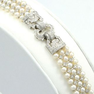 18k White Gold 1.  4ct Diamond 3row Natural Pearl Strand Antique Art Deco Bracelet