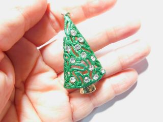 Green Glitter Clear Rhinestone Gold Tone Metal Christmas Tree Brooch Vintage