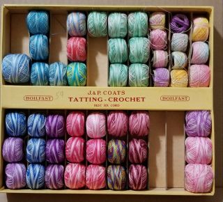Vtg Box Of J&p Coats Tatting Crochet Thread Varigated Colors 35 Balls 4 Balls,