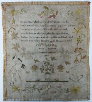 Antique Needlework Silk Sampler By Jane Brown Dated 1802