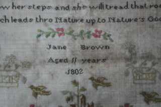 ANTIQUE NEEDLEWORK SILK SAMPLER by JANE BROWN dated 1802 3