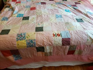 Vintage Antique Feed Sack & Shirting Hand Sewn Four Patch Thick Quilt