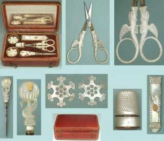 Antique Mother Of Pearl Palais Royal Sewing Set W/ Fab Dragon Scissors C1820