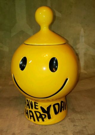 Vintage Mccoy Smiley Face Have A Happy Day Yellow Cookie Jar 1970 