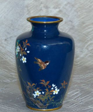 Fine Antique Japanese Cloisonne Vase With Flowers And A Goldwire Bird