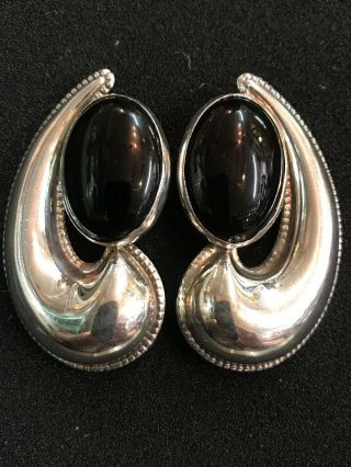Rare Vintage Julia Booth Modern Sterling Silver And Black Onyx Clip - On Earrings