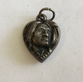 Antique Sterling Heart Charm/drop/pendent With Indian Head