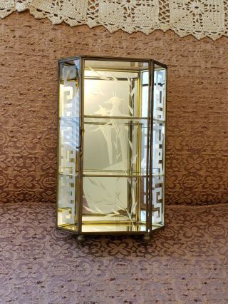 Vintage Brass Glass Miniatures Display Case Shelf Etched