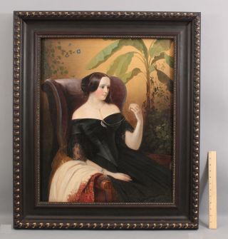 Large Antique 19thc American Portrait Oil Painting,  Woman & Miniature Portrait