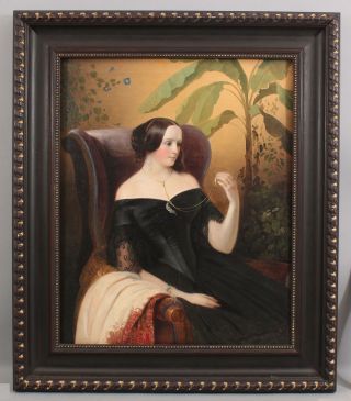 Large Antique 19thC American Portrait Oil Painting,  Woman & Miniature Portrait 2