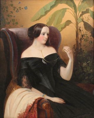 Large Antique 19thC American Portrait Oil Painting,  Woman & Miniature Portrait 3