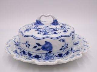 Antique Meissen " Blue Onion " Round Covered Butter Dish Crossed - Swords