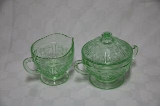 Vintage Green Depression Glass Sugar And Creamer With Design