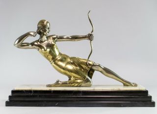 1930 Plated Gilded Bronze Art Deco Sculpture Statue Diana By Brault.  Signed