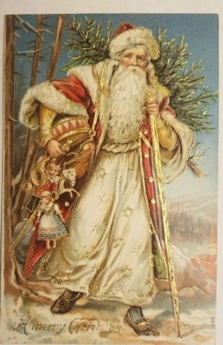 Vintage C1908 Xmas Postcard - Red & White Robe Santa With Toys,  Xmas Tree