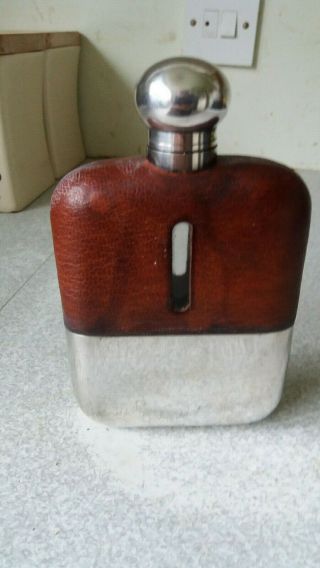 Lovely Vintage Silver Plated & Leather Glass Hip Flask - James Dixon 3/8 Pint