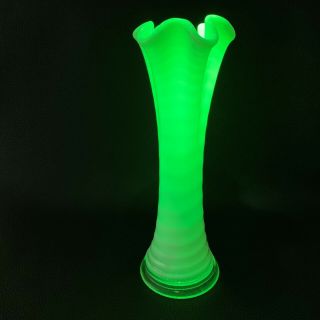 Antique Fenton Uranium Glass Green Opalescent Posy Bud Vase Swung Stretch 10 " H