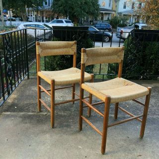 Set Of 4 Charlotte Perriand Sentou Dordogne Oak And Rush Chairs Mid Century