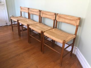 Set of 4 Charlotte Perriand Sentou Dordogne Oak and Rush Chairs Mid Century 2
