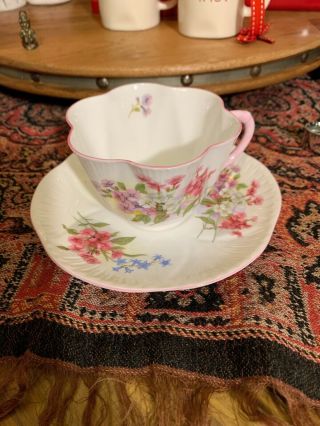 Shelley Teacup And Saucer Flowers Stocks 13428 Vintage Set Fine Bone China