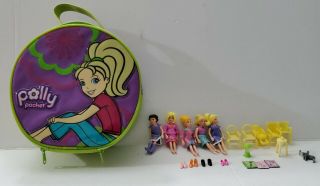 Vintage Polly Pocket Bag Travel Case With Zipper Closure 2005 W/ 5 Polly Dolls