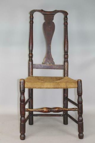 Rare 18th C Woodbury Ct Qa Side Chair With Bold Feet Old In Spanish Brown Paint