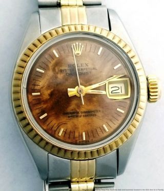 Vintage Ladies Rolex Datejust Gold Steel 6917 Rare Wood Dial Watch 2