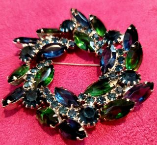 Vintage Weiss Signed Peacock Blue & Green Rhinestone Pin Brooch $29/obo