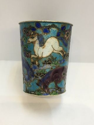 Very rare antique Chinese Silver Enamel Cup,  4 horses on rural landscape 2