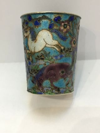 Very rare antique Chinese Silver Enamel Cup,  4 horses on rural landscape 3