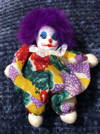 Vintage Clown Doll Mini Porcelain Painted Face/ Bean Bag Body/ 6” Purple Hair