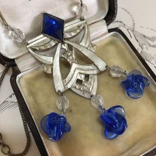 Antique 1920’s Art Deco Czech Blue Glass Egyptian Revival Silver Tone Necklace 2