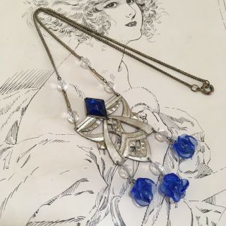Antique 1920’s Art Deco Czech Blue Glass Egyptian Revival Silver Tone Necklace 3