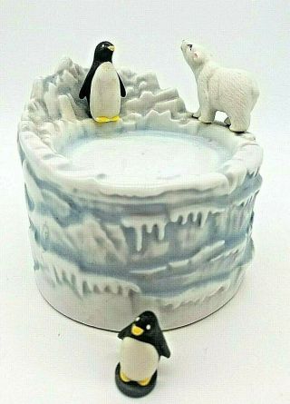 Vtg Porcelain Wind - Up Music Box Magnetic Skating Penguin Polar Bear Global Arts