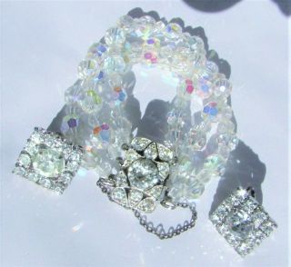 Vintage Art Deco,  3 - Strand Aurora Borealis Crystal Glass Bracelet Earring Set