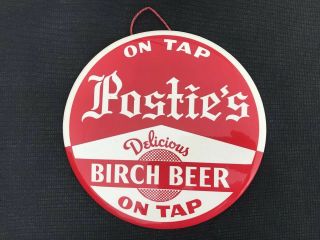 Antique Postie’s Delicious Birch Beer On Tap Button Pop Oil Gas Sign
