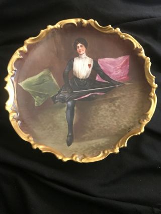 Antique Hand Painted Portrait Plate Charger Limoge Dubois B&h Fencing Woman