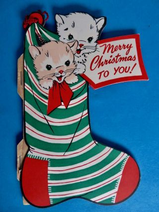 Vintage Cats In Stocking Card Christmas Decoration Honeycomb Bell