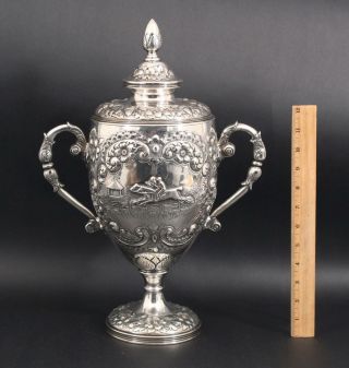 Lrg Antique Sterling Silver Repousse Steeplechase Horse Race Loving Cup Trophy