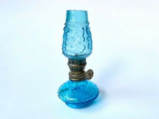 Vintage Blue Mini Oil Lamp With Glass Chimney