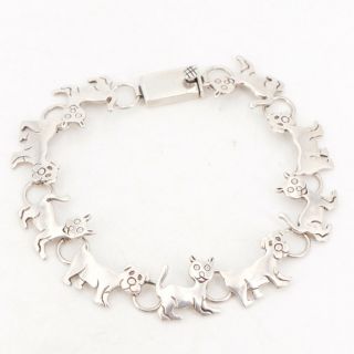 Vtg Sterling Silver - Kitty Cat Puppy Dog Animal Link 7.  5 " Bracelet - 18g