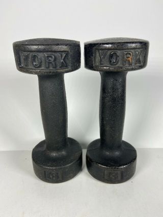 2 - 3 Lb Pound Vintage York Cast Iron Dumbbells Weights Set Of 2 Rare