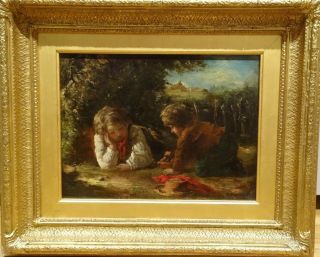 Fine Large 19th Century " The Bird Trap " Boys In The Woods Portrait Charles Bragg