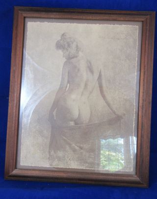 (c) R.  Hendrickson Vintage Sepia Print Nude Woman Bathing Rustic Framed