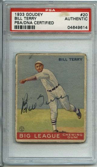 Bill Terry Hof 1933 Goudey 20 - Psa/dna Certified Authentic Autograph