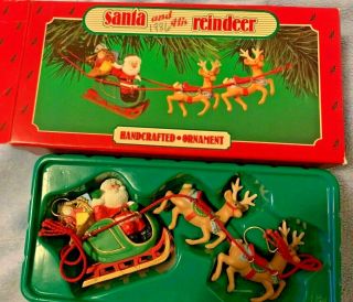 Vintage Hallmark Santa And His Reindeer Keepsake Ornament 1986