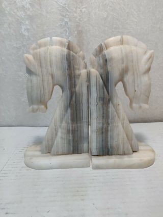 Vintage Ivory Onyx Or Alabaster Carved Stone Trojan Horse Head Bookends